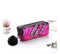 Glitter Reversible Sequin Pencil Case Cosmetic Bag 3 Colors Double Color Students Pencil Case for Girls Women Handbag Purse Make Up Pouch with Pompon Zip Closure