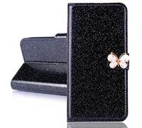 Glitter Rhinestone Diamonds Protective Case for Honor Magic 8 Pro Black Glitter Sparkly Flip Case 3D Shiny Butterfly Magnetic Clasp Folio Phone Covers Luxury Protective Cases for Honor Magic 8 Pro