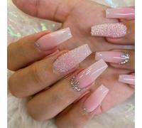 Glitter Rhinestones Press on Nails Ombre Fake Nails Long Coffin False Nails Press ons with Bling Crystal Design,Reusable Artificial Nails Glossy Full Cover Stick on Nails for Women Manicure 24 Pcs