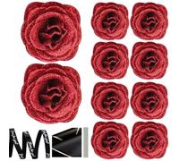 Glitter Roses Bouquet 1 Set Realistic Artificial Rose Bouquet Set with 10 Roses, 10 Stem, 2 Wrapping Paper & 2 Ribbon for Wedding, Valentine, Red, Glitter