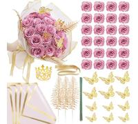 Glitter Roses Bouquet DIY Pink Roses Artificial Flowers Bouquets, 24 Pack Fake Shiny Flowers with Stems Eternal Floral for Elegance Wedding Bouquet Anniversary Birthday Love Gift