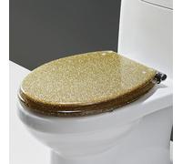 Glitter Round Resin Toilet Seat Cover - Slow Close Fits Most Standard U/V/O Toilets Includes Fixing Set Gold Finish for Elegant Bathroom Upgrade
