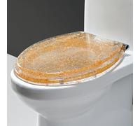 Glitter Round Resin Toilet Seat Cover - Slow Close Fits Most Standard U/V/O Toilets Includes Fixing Set Gold Finish for Elegant Bathroom Upgrade