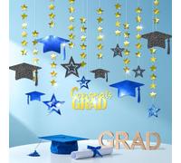 Glitter Royal Blue gold Graduation Party Decoration Black Cap Decor Shiny Congrats Grad Banner Star Hat Garland Hanging Streamer Backdrop for Party Home Classroom