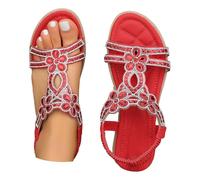 Glitter Sandals Women's Flat Rhinestone: Beach Shoes Women's Sandals Elegant Roman Sandals Boho Shoes Soft Sole Sandals Adjustable Buckle Summer Shoes Outdoor Breathable, red, 5 UK