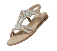 Glitter Sandals, Women's Summer, Rhinestone Sandals, Elegant Flat Shoes, Boho Sandals, Flat Non-Slip Beach Sandals, Elegant Leisure Sandals, Breathable Slippers for Everyday Use, Dating, Party, khaki