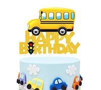 Glitter School Bus Cake Topper Happy Birthday Theme Cake Decor, Child Boys Girls School Themed Party Supplies
