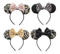 Glitter Sequin Bow Mouse Ears and Leopard Print Headbands(4 Pcs Set) Golden and Pink Sparkled Sequin Hair Headband,Children Hair Bands,for Princess Party Cosplay Costume Accessories