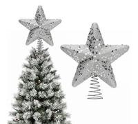 Glitter Sequin Christmas Tree Toppers, 20cm Star Christmas Tree Topper with Glitter and Sequins Christmas Tree Top Star Sequins Stars Tree Topper for Xmas Tree Home Holiday Party Decoration (Silver)