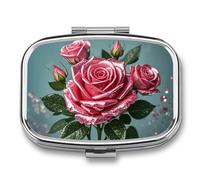 Glitter Sequin Roses Pill Box 2 Compartment - Small Metal Medicine Organizer Portable Pill Case for Purse Pocket Travel Vitamin Organizer for Men Women, BPA-Free