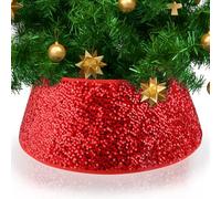 Glitter Sequin Tree Skirt & Collar - Shiny Sparkle Xmas Tree Stand Base Cover for Christmas Decorations (Red)