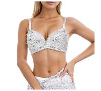 Glitter Sequined Underwire Bra Top Carnival Bikini Rave Disco Bustier Sexy Halter Party Comfortable Clubwear Belly Dance Solid Color Basic Costume Silver