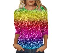 Glitter Sequins 3/4 Sleeve Pullover Women: 2026 Carnival Party New Year's Eve Rave Disco Costume Shine T-Shirt Colourful Elegant Top Festive Outfit Festive Glitter Jumper Multicoloured Celebration Top