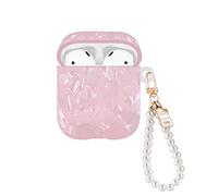 Glitter Shell Design Case for AirPods 1/2 with Pearl Wrist Chain Keychain,Colorful Sparkle Bling Pretty Cute Airpods 2nd Generation TPU Shock Proof Protective Skin Cover for Women Girls -Pink