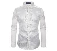 Glitter Shirt Men's Red Sequins Casual Costume Shirt Lapel Buttons Summer Shirt Party Shirt Leisure Shirt for Men 70s Disco Party Costume Plain Flannel Shirt Suit Shirt Soft Glitter Shirt, silver, XXL