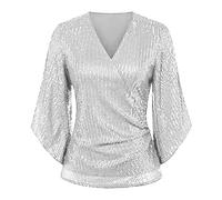 Glitter Shirt Women's Party Sequin Top Women's Long Sleeve Glitter Top Elegant T-Shirt Sexy Top V Neck Long Sleeve Carnival Outfit Festival Blouse Club New Year's Eve Women's Blouses, silver, L