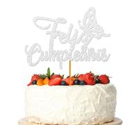 Glitter Silver Feliz Cumpleaños Cake Topper, Spanish Happy Birthday Cake Topper, Men Women Boy Girl Kids Spanish Mexican Fiesta Theme Birthday Party, Let's Fiesta Birthday Party Cake Decoration