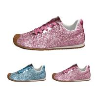 Glitter Sneakers for Women Lace up Fashion Sneakers Lightweight Metallic Sequins Trainers Low Top Sequin Tennis Shoes Casual Flat Loafers Comfortable Cushioned Walking Shoes Size 3.5 Pink