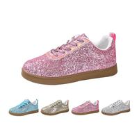 Glitter Sneakers for Women Lace up Fashion Sneakers Lightweight Metallic Sequins Trainers Low Top Sequin Tennis Shoes Casual Flat Loafers Comfortable Cushioned Walking Shoes Size 7.5 Pink