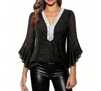 Glitter Sparkle V-Neck Pullover Shirts for Women UK Sheer Mesh 3/4 Sleeve Blouse Flowy Swing Double Layer Tunic Tops Casual Loose Ruffle Sleeve Top Shiny Evening Party Shirt Black