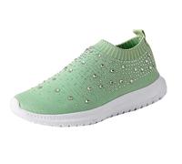 Glitter Sports Shoes Women's Mesh Breathable Trainers - Women's Slip-On Trainers with Rhinestones Soft Lightweight Slip On Shoes Memory Foam Casual Shoes Comfortable Non-Slip Fitness Shoes Green