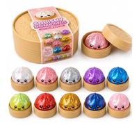 Glitter Squishy Dumpling Set with Bamboo Steamer Box, Multiple Random Colors for Adults Collection，Full Set Glitter Squishy Dumpling Collectible Pack with Steamer Box