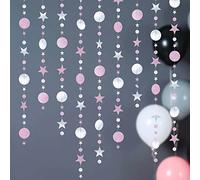 Glitter Star Circle Dot Garland, Twinkle Little Star Party Decoration Hanging Streamer Backdrop Banner, for Wedding Baby Shower Christmas Birthday Party Decor Supplies, 3 String Totle 39 Feet (Pink)