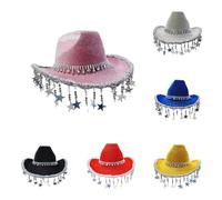 Glitter Star Fringe Beaded Cowboy Hat Shiny Western PartyHat with Sequin Trim Unisex Sequin Trillby Hats Carnivals Party Circus Theme Party Accessories Hat Trendy Street Style Every Season