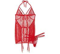 Glitter Strappy Halter Mesh/Lace Chemise, 1X, Red