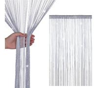 Glitter String Curtain Panel 200x90cm - Sparkling Tassel Fly Screen, Polyester Fringe Room Divider for Doorways, Windows, Parties & Home Decoration (Silver)