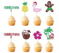 Glitter Summer Christmas Cupcake Toppers, Tropical Santa Party Decorations, Hawaiian Cupcake Picks with Flamingo Pineapple Coconut Hibiscus Gingerbread for Summer Christmas Party Decorations (24pcs)