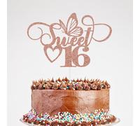 Glitter Sweet 16 Cake Topper, Happy 16th Birthday Cake Topper, Sweet Sixteen Cheers to 16 Years Old Birthday Party Decorations Rose Gold