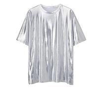 Glitter T Shirt Men Women Metallic Shirt Short Sleeve Crew Neck Shiny T-Shirt Oversize Leisure Shirt Sparkle Tee Shirt Wet Look Tops Unisex Summer Shirt Tee Clubwear, silver, XXL