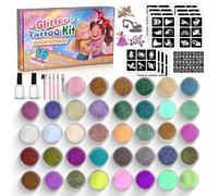 Glitter Tattoo Set Children, SNYZPN 38 Colours Temporary Glitter Tattoos Children's Set, 189 Stencils, 5 Brushes, 2 Glues, Suitable for Carnival, Girls and Boys Birthday Party Christmas
