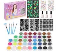 Glitter Tattoo Set Girls Christmas Gift, 42 Colours Temporary Tattoo for Children, Glitter Make Up Kit Children, Adults, 215 Rhinestones 204 Stencils 24 Powder 3 Glue 5 Brushes