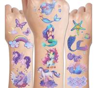 Glitter Temporary Tattoo for Girls, 12 Sheets Mermaid Unicorn Tattoo Stickers for Kids, Waterproof Fake Tattoos for Birthday Party Favors Supplies, Birthday Party Bag Filler