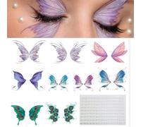 Glitter Temporary Tattoo Stickers & Gems Kit - Butterfly Fairy Wing Face Transfers for Eye Makeup, Costume Parties, Halloween Cosplay with Waterproof Glitter Face Stickers & Rhinestone Gems