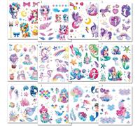 Glitter Temporary Tattoos for Girls - 12 Sheets Mermaid & Unicorn Tattoo Stickers for Kids Tattoos for Girls - Waterproof Tattoos for Kids - Perfect for Birthday Party Favors & Bag Fillers