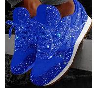Glitter Tennis Sneakers for Women's Fashion Slip On Lace Up Sport Shoes Ladies Comfy Crystal Bling Sparkly Breathable Lightweight Walking Dress Shoes Orthotic Flat Heel Sneakers (Color : Dark Blue,