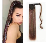 Glitter Tinsel Ponytail Extension, 22Inch Long straight hair tinsel clip in Ponytail Extensions Natural Synthetic Hairpiece for Women Girls (#12 Dark brown)