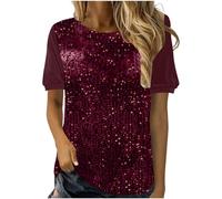 Glitter Tops for Women UK Short Sleeve Sequin Blouses Loose Tunic Tops Velvet Crew Neck Top Glitter Party Tops Elegant Evening Top for Women UK Plus Size Casual Tees Sparkly T Shirts Wine