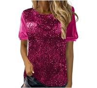 Glitter Tops for Women UK Short Sleeve Sequin Blouses Loose Tunic Tops Velvet Crew Neck Top Glitter Party Tops Elegant Evening Top for Women UK Plus Size Casual Tees Sparkly T Shirts Hot Pink