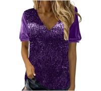 Glitter Tops for Women UK Short Sleeve Sparkly Top V Neck Short Sleeve Blouses Elegant Velvet Sequin Top Glitter Party Tops Elegant Evening Top for Women UK Plus Size Casual Tees T Shirts Purple
