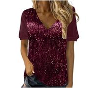 Glitter Tops for Women UK Short Sleeve Sparkly Top V Neck Short Sleeve Blouses Elegant Velvet Sequin Top Glitter Party Tops Elegant Evening Top for Women UK Plus Size Casual Tees T Shirts Wine