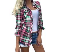 Glitter Tops Women's Black Women Fashion Digital Plaid Printed Multicoloured Pocket Long Sleeve Button Cardigan Blouse Tops Blouse Large Collar Women, pink, XXXL