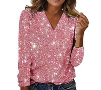 Glitter Tops Women's Long Sleeve V Neck Sequins Top Elegant Long Sleeve Shirt Festive Blouses Casual Tunic Top T-Shirt Long Shirt Party Outfit Jumper Club Streetwear, pink, L
