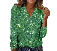 Glitter Tops Women's Long Sleeve V Neck Sequins Top Elegant Long Sleeve Shirt Festive Blouses Casual Tunic Top T-Shirt Long Shirt Party Outfit Jumper Club Streetwear, Green, S