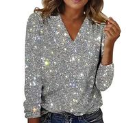 Glitter Tops Women's Long Sleeve V Neck Sequins Top Elegant Long Sleeve Shirt Festive Blouses Casual Tunic Top T-Shirt Long Shirt Party Outfit Jumper Club Streetwear, silver, XL