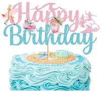 Glitter Vintage Surfing Happy Birthday Cake Topper Beach Themed Cake Decorations Beach Birthday Party Decorations Pink and Blue Cake Topper for Summer Hawaiian Birthday Decorations
