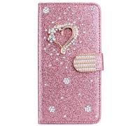 Glitter Wallet Case for Samsung Galaxy S24 Glitter Leather Phone Case 3D Diamond Buckle Love Bling Pattern Flip Book Wallet Shell with Card Slots Sparkle Cases Cover for Samsung S24 - Rose Gold